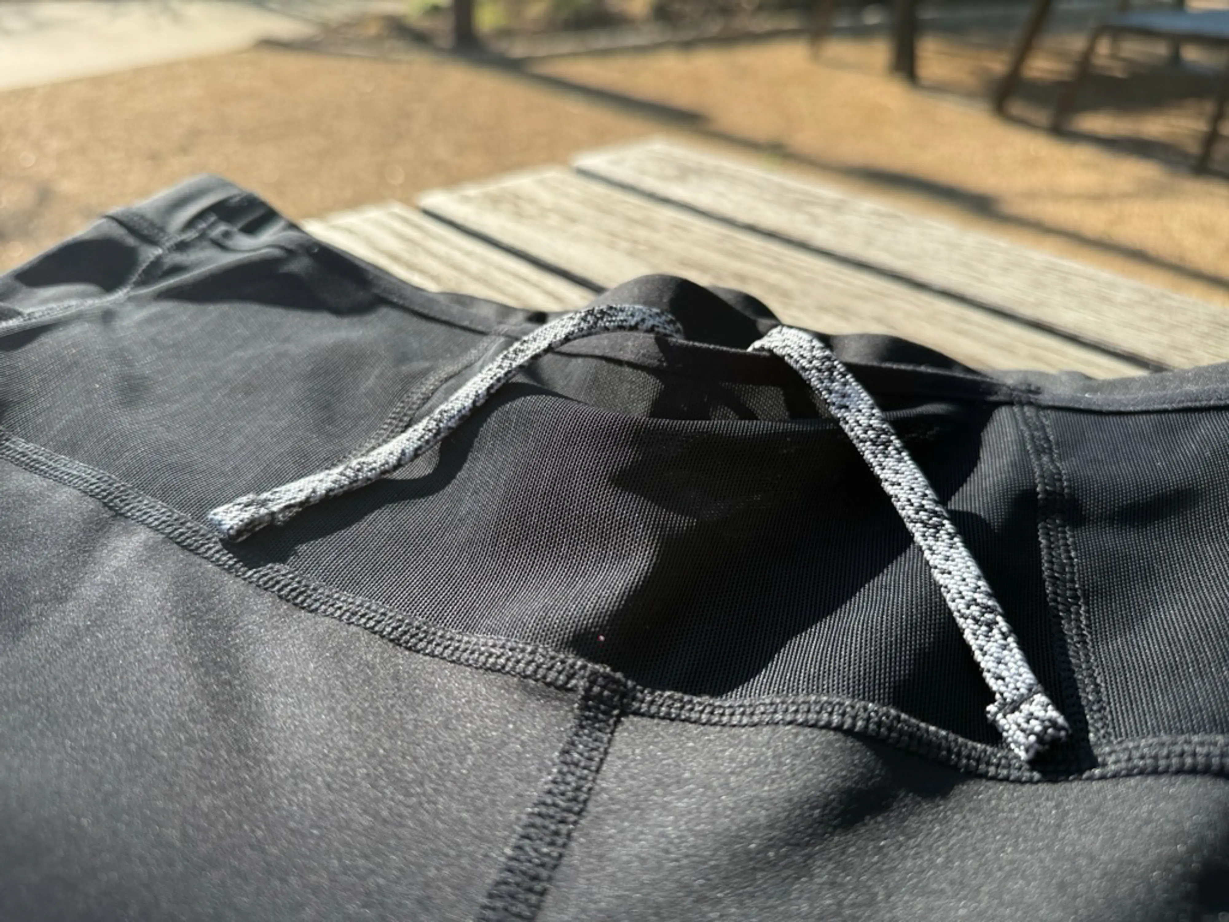 A close up of the black and white patterned drawstring