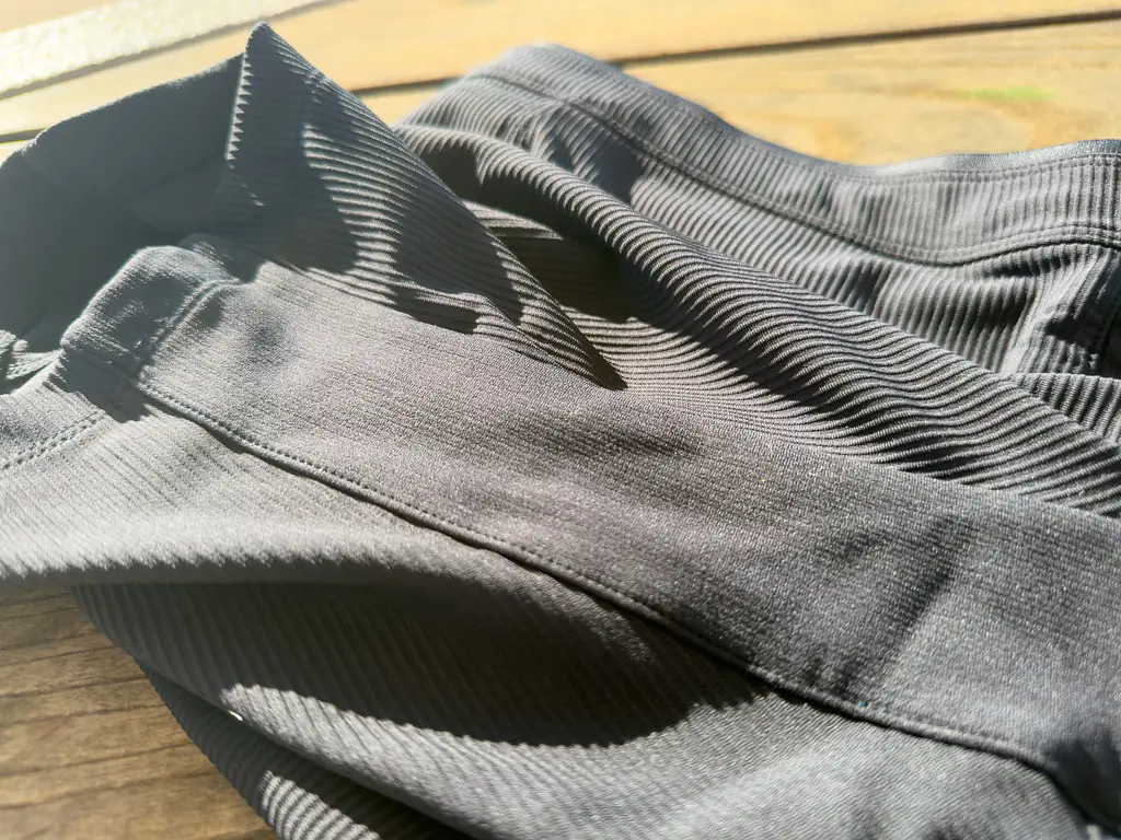 A closeup of the double layer fabric gusset or inseam running from the opening of one leg to the other. A closeup of the double layer fabric gusset or inseam running from the opening of one leg to the other.