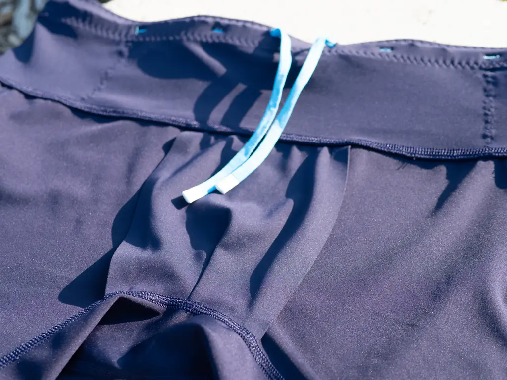A view of the front of the half tights, showing the free-floating front liner panel and the lack of a front seam