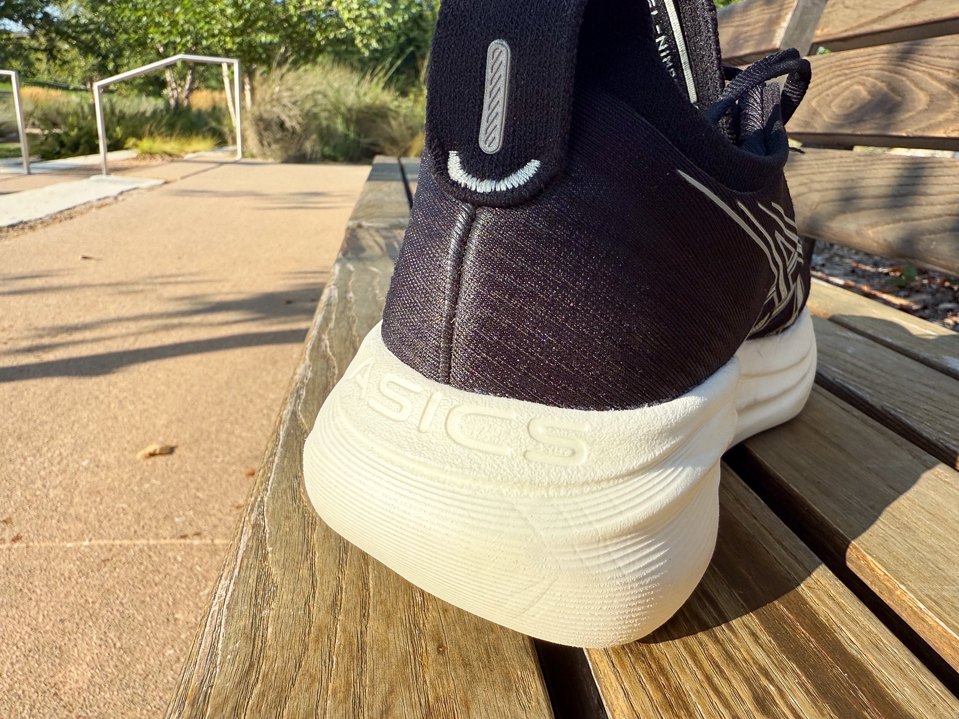 A view of the substantial heel of the Nimbus 27, which has the Asics name molded into the midsole