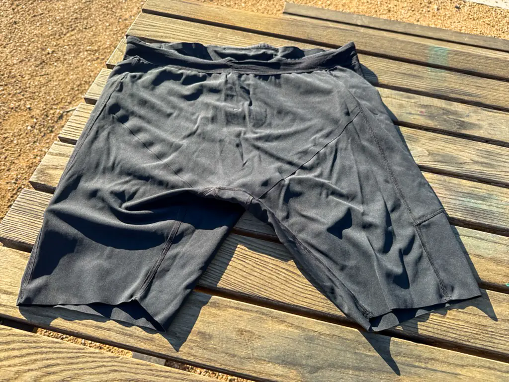 A view of the interior construction of the half tights, showing small, flat, well-placed seams A view of the interior construction of the half tights, showing small, flat, well-placed seams