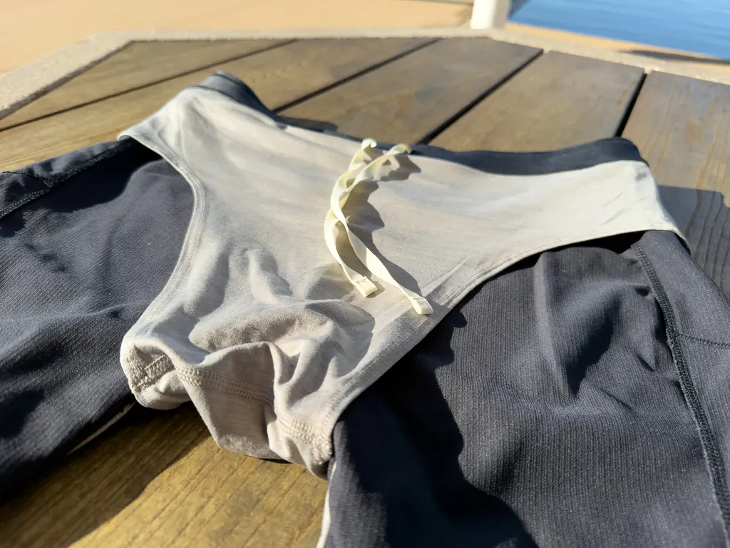 A view of the brief liner of the half tights, made of a softer, off-white fabric. A view of the brief liner of the half tights, made of a softer, off-white fabric.