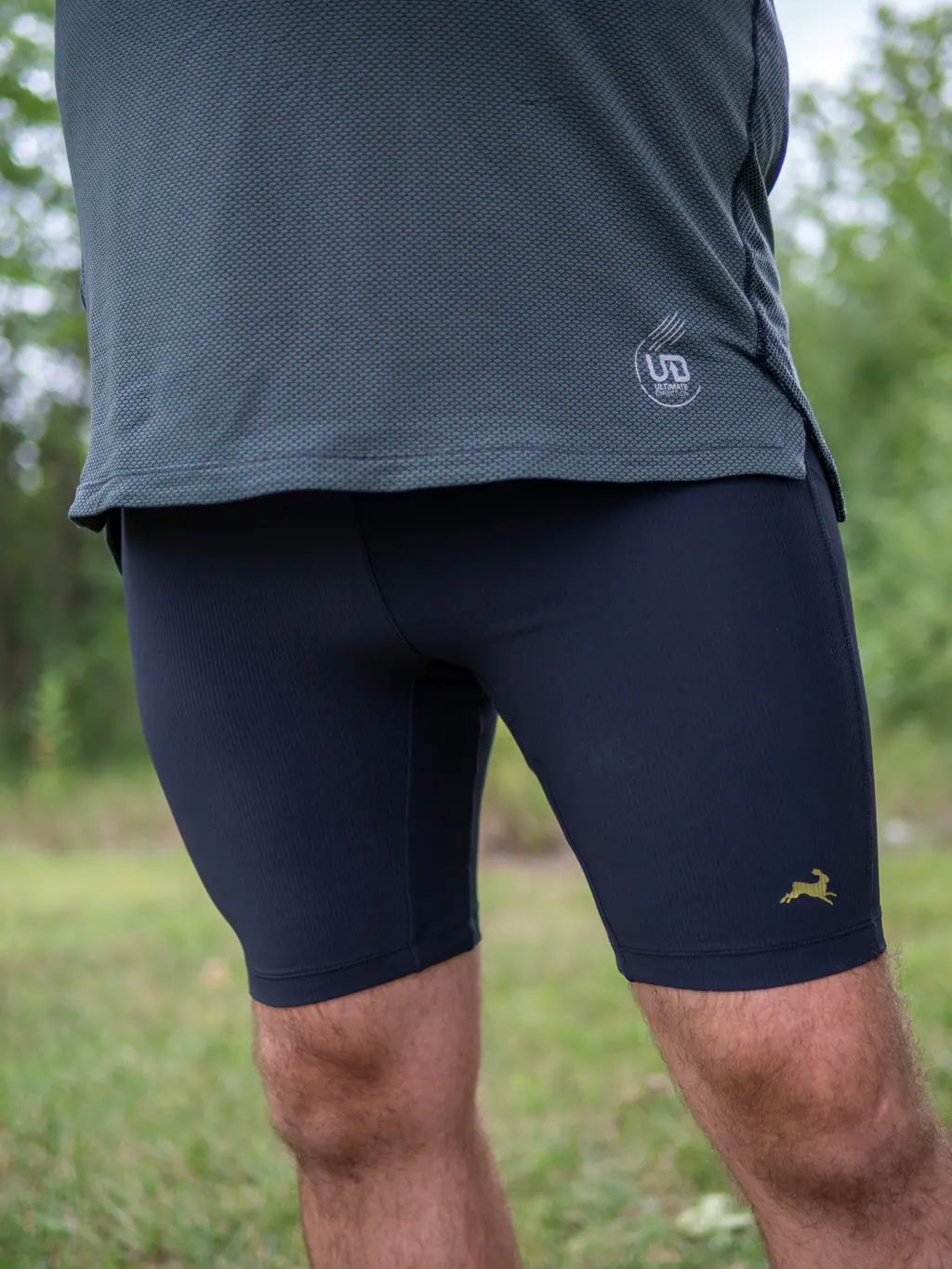 A front shot of a bigger runner wearing the half tights. A front shot of a bigger runner wearing the half tights.